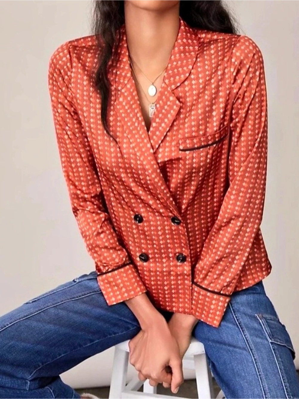Hutch by Anthropologie Orange and Black Geometric Blazer Style Blouse - Size S